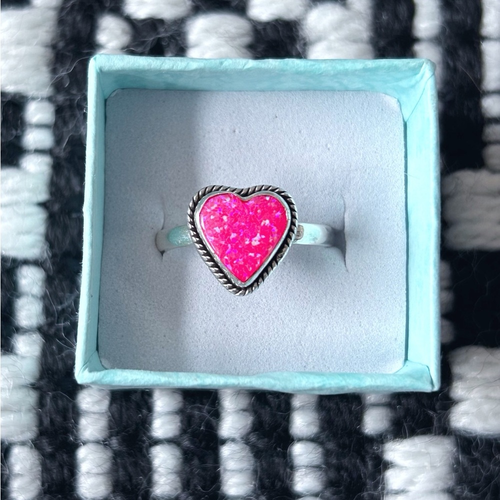 Hot pink opal  sterling silver heart ring - adjustable